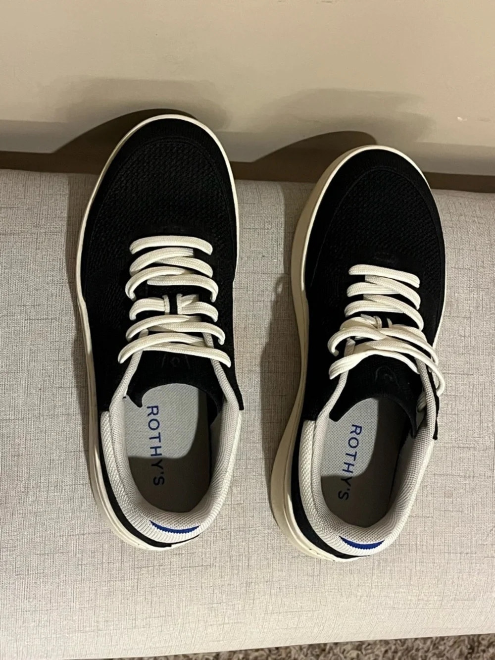 Rothy's The Court Sneaker - Black Signature Knit w/ Off-White Laces , size 8
